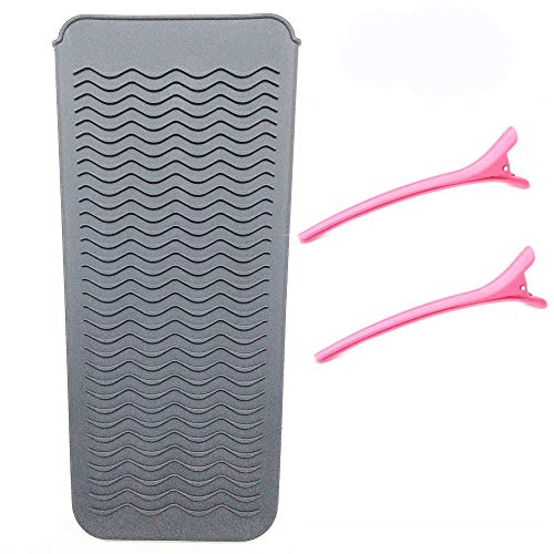 Heat Resistant Silicone Mat Pouch and Hair Clips, Lessmon Hair Styling Tools for Curling Irons, Hair Straightener, Flat Irons, Height 11.5 & Width 6 Inches, Food Grade Silicone, Gray+Pink
