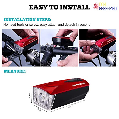 Don Peregrino Led Bike Front Light & Horn, 350 Lumens Brightness Headlight, Ipx 4 Waterproof & 1800 mAh Rechargeable Bicycle Lamp - Thumbnail 6