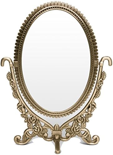 Vanity Mirror Ellipse Two-sided Rotatable Bronze Cosmetic Makeup detailed Desktop Mirror with Embossed Roses and Rhinestones Stand Shaving/ Vanity/ Tabletop Mirror-Gift Box Packaging