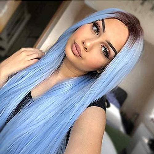 Ombre Blue Light Blue Long Wig Ombre Colourful Pastel Straight Hair Wigs For Women Middle Part Dark Roots Synthetic Wig For Halloween Daily Party Cosplay Ice Blue 70cm Buy Online At