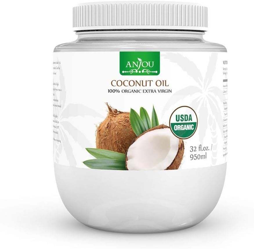 Coconut Oil 32 oz, Anjou Organic Extra Virgin, Gluten Free, Cold Pressed Unrefined Coconut oil for Hair, Skin, Cooking, Health, Beauty, USDA Certified, BPA Free Plastic Jar