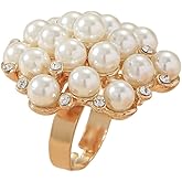 Dtja Large CZ Pearl Statement Wedding Ring for Women Girls Vintage Crystal Faux Pearls Ball Flower Adjustable Big Open Band Wrap Ring Birthday Cocktail Party Ring Comfort Fit Exaggerated Jewelry Gift