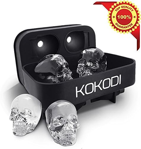3D Skull Ice Cube Tray Mold,Makes Four Giant Skulls,Flexible Cube Food Grade Silicone,Perfect Halloween and Christmas Gifts,Maker in Shapes for Whiskey Ice and Cocktails, Black