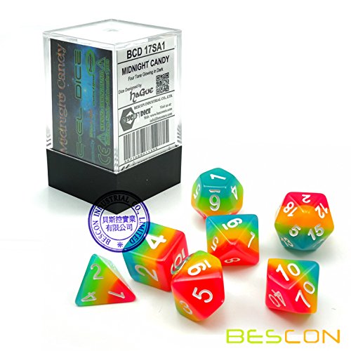 Bescon Fantasy Rainbow Glowing Polyhedral Dice 7pcs Set Midnight Candy, Luminous RPG Dice Set Glow in Dark, Novelty DND Game Dice d4 d6 d8 d10 d12 d20 d% in Brick Box - Thumbnail 3