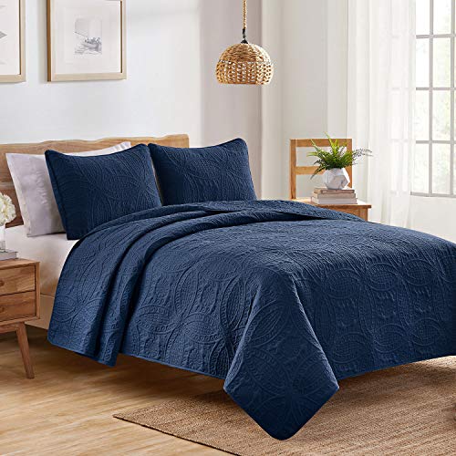 VEEYOO Bedspread Quilt Set King/Cal King Size - Soft Microfiber Lightweight Coverlet Quilt Set for All Season, Quilt Set 3 Piece (1 Quilt, 2 Pillow Shams), Blue - Thumbnail 3