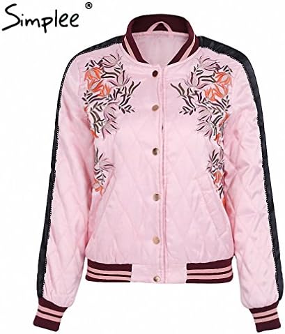 Flower embroidery cotton padded jacket coat Autumn winter gold button bomber jacket Women outwear pink basic jackets Pink L