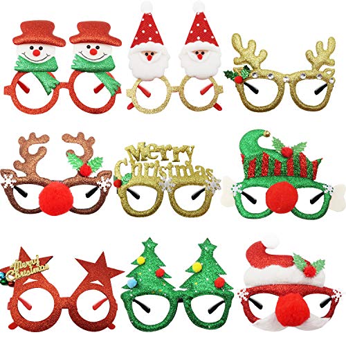 Kiddokids 9 Christmas Party Fancy Glitter Glasses Frames for Xmas Prop Photo Booth Party Favors.