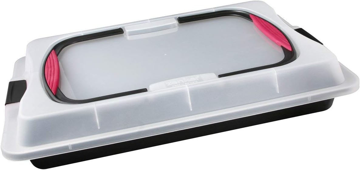 Zenker Blechkuchen-Container to go, Backblech mit Transport-Abdeckung für unterwegs, Backform antihaft mit Deckel und Softgriffen (Kuchenform: ca.425x295x75 mm), Menge: 1 Stück