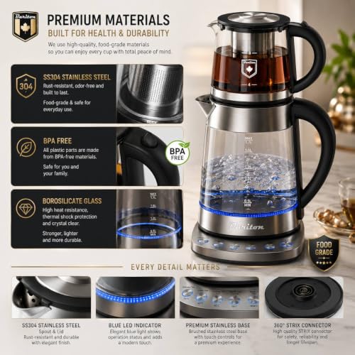 Bariton Electric Tea Maker – Glass Kettle + Stainless Steel Infuser – Keep Warm Function – Auto Shut-Off – BTM-1785GS