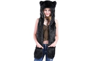HAOZAIKEJI Women's Cute Winter Animal 3-in-1 Faux Fur Multifunctional Hat with Cartoon Animal Hoodie, Scarf & Paw Gloves