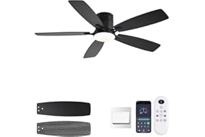 FUMLTP 52inch Ceiling Fans with Lights, Low Profile Ceiling Fan with Light and Remote/APP Control, Flush Mount, Reversible Motor, Dimmable LED, Noiseless, Black Ceiling Fan for Bedroom Indoor Outdoor Use