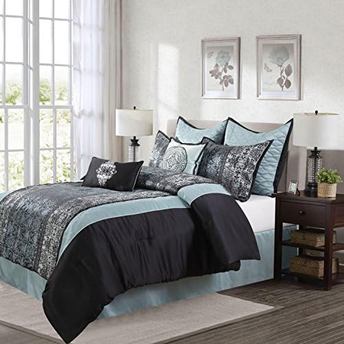 Nanshing Arabesque Collection All Season Bedroom Comforter Set, Complete 8 Piece Set, Black/Blue, Bed Size King