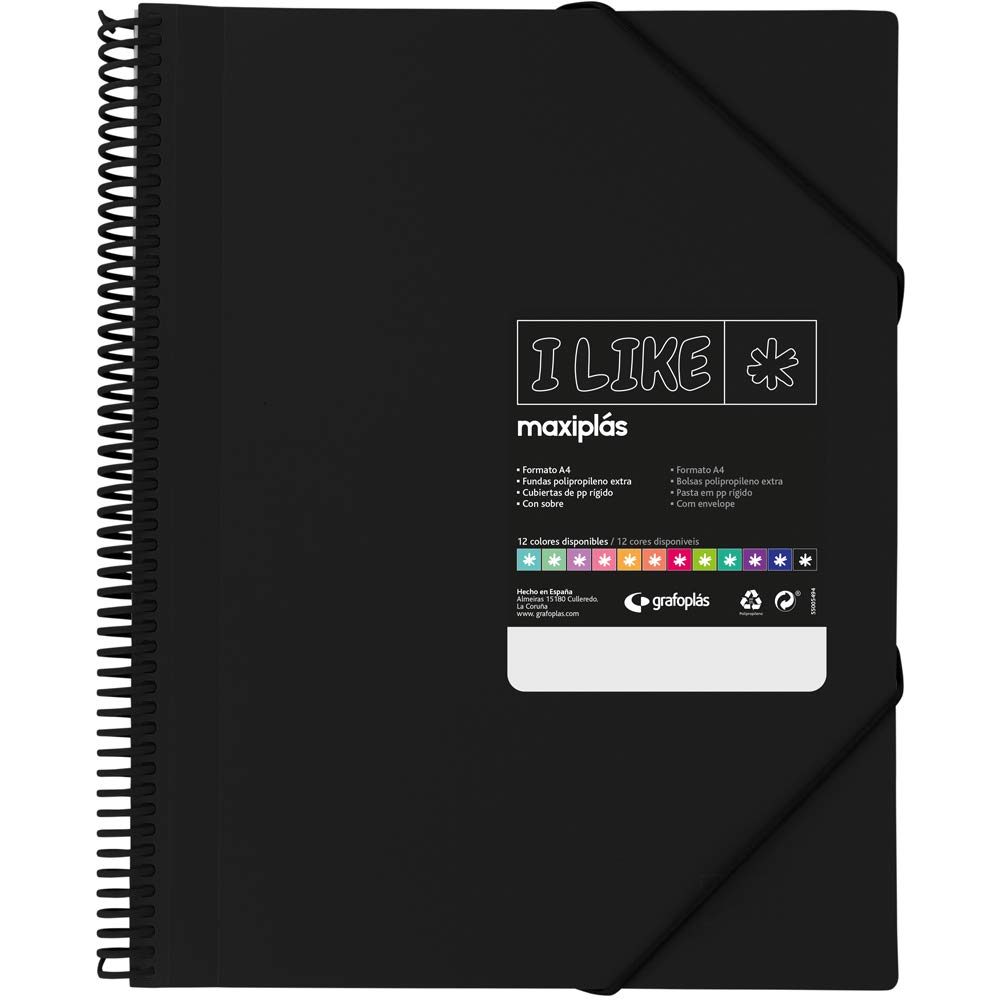 Grafoplás 39825210 Spiral Case Folder, 50 Transparent Covers, Black, A4, Hard Opaque Polypropylene Covers, Maxiplas Like
