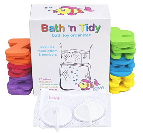 Bath Toy Organizer with Foam Letters & Numbers, for Toddler BATH TIME FUN. Mold Resistant MESH ORGANIZER + Locking Hooks, Makes Clean Up Easy as They Drip Dry in the Tub