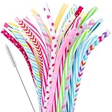 30 Pieces Reusable Bent Plastic Straws,BPA-Free,9" Colorful Printing Hard Platic Stripe Drinking Straw for Mason Jar Tumbler,Family or Party Use,Cleaning Brush Included(Random Pattern)