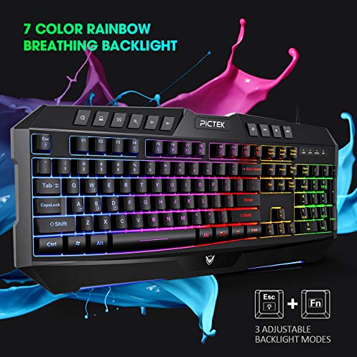 PICTEK Backlit Keyboard and Mouse Combo, LED Wired Gaming Keyboard, Ergonomic Keyboard, Wrist Rest Keyboard with Efficient Multimedia Keys, Programmable Gaming Mouse for Mac, PC, Laptop Gamers - Black