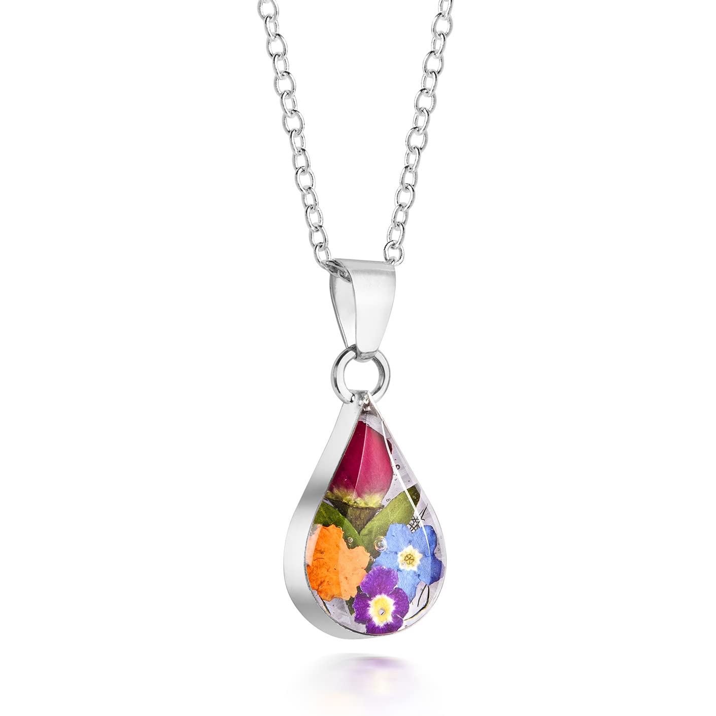 Natural Flower Jewellery Sterling Silver Small Teardrop Pendant Made with Real Mixed Flowers