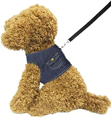Hamour Pets Adjustable Vest Harness Leash Set Denim Cowboy Coat for Small Medium Large Dogs Cats Walking Running