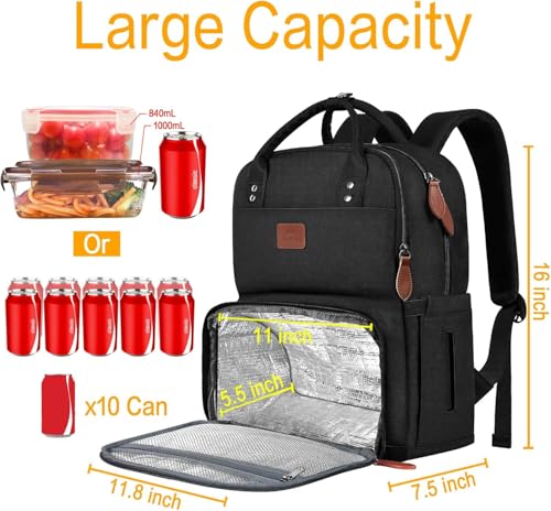 MATEIN 15.6 Inch Laptop Picnic Backpack with Thermal Lunch Compartment, Women's Waterproof Work Backpack, Lunch Backpack for Office, Camping and Travel, Black