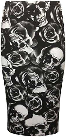 WOMEN’S PRINTED STRETCHY ELASTIC WAIST OFFICE BODYCON MIDI PINCIL TUBE SKIRT Skirt Skull Rose ML