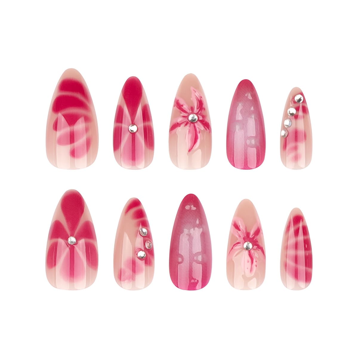 24 Pcs Fall Winter Press on Nails Short Almond - YEFIUO Pink Red Fake Nails Press ons French Nail Art Tip Full Cover Acrylic False Nails Glue on Nails Kit with 3D Red Flowers Floral Design for Women - Image 5