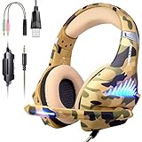 Gaming Headset for PS4, Xbox One, PC, Laptop Cellphone -Stereo Surround Gaming Headphones with Microphone, Noise Cancelling, LED Lights, Volume Control 3.5 mm Jack - Camo