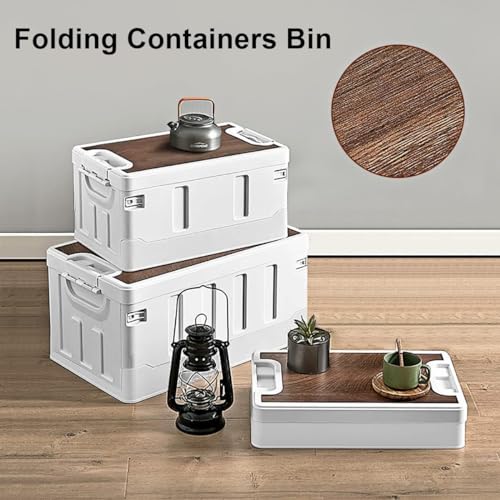 Collapsible Storage Box, Folding Containers Bin Plastic Camping Box With Wood Lid, Stackable Storage Bins Cube Closet Organizer Crate For Clothing Toys Outdoor Indoor Home Camping Picnic Car 40L White