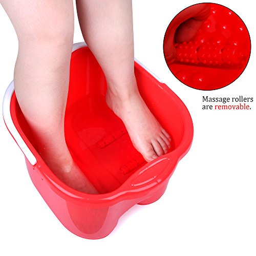 Foot Spa Bucket with Handle and Removable Rollers for Massage (Red)