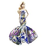 Blue Silk Satin Strapless Damask Pattern Fit and Flare Floor Length Gown for Barbie Doll