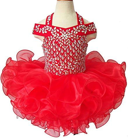 HuaiLian Baby Girls Halter Crystal Beaded Toddler Kids National Pageant Cupcake Dresses 2T