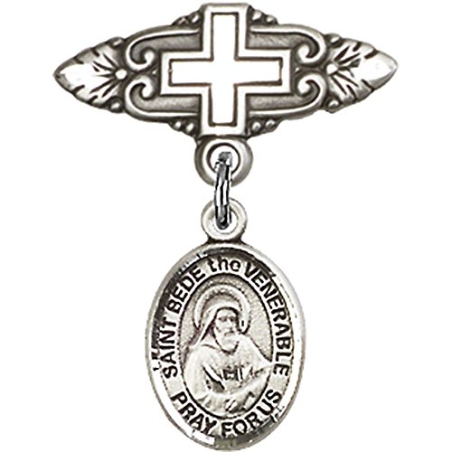 Sterling Silver Baby Badge with St. Bede the Venerable Charm and Badge Pin with Cross 1 X 3/4 inches