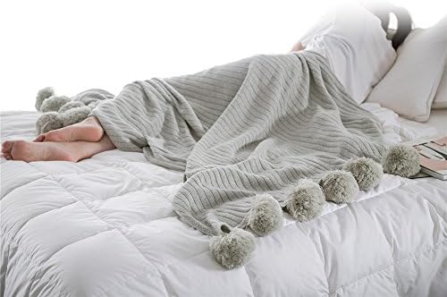 TonTech 100% Cotton Cute Pompoms Cable Knitting Soft Sofa Bedding Couch Car Cover Throw Blanket 150x200cm/59x78.7" for Summer (Grey)