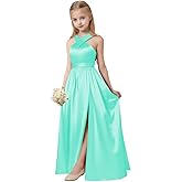 Floiuoe Junior Girls Bridesmaid Halter jr Bridesmaid Dresses for Teens Split Satin Flower Girl Formal Gown for Wedding