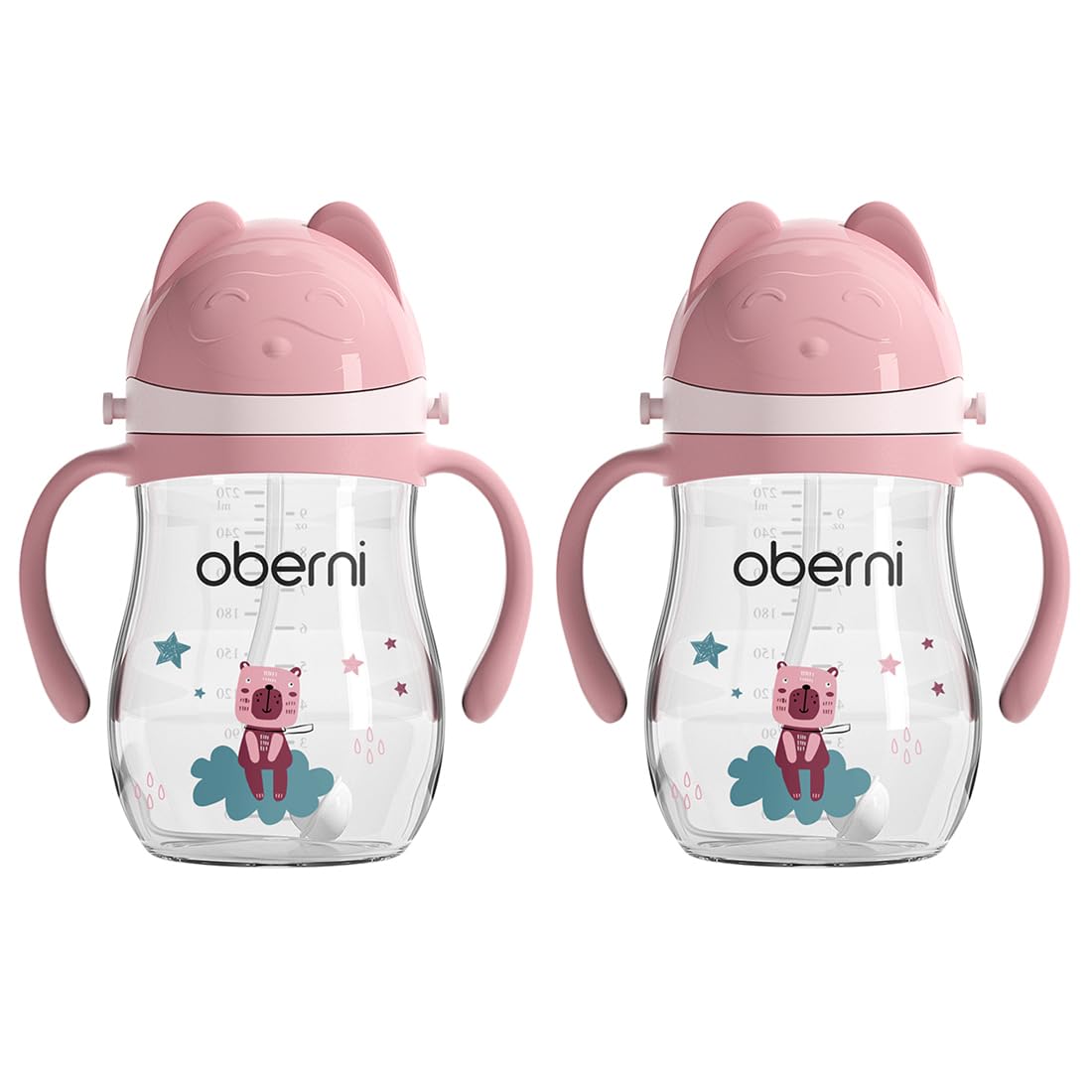 Oberni Baby Sippy Cup with Handle & Strap, Non-Spill Water Bottle for 6 12 Months + Toddlers, BPA-Free | Tritan | Dishwasher Safe | Leak Proof Valved Spout | 270ml 9oz | Pink (2 Pack)