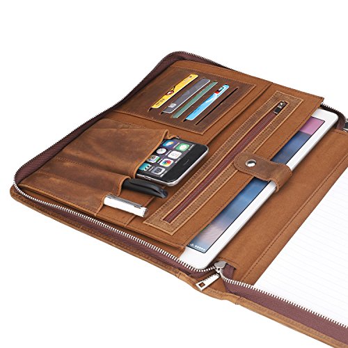 Handmade-Vintage-Crazy-Horse-Leather-Portfolio-Letter-Size-NotepadLegal-PadBusiness-Organizer-Padfolio-with-Handle-for-Men-and-WomenWork-Portfolio-with-Notepad-for-Meeting-and-Travel-Brown