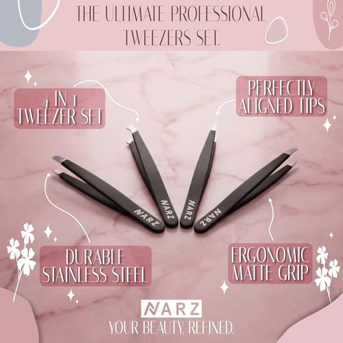 NARZ 4Pcs Professional Tweezers for Women Facial Hair Stainless Steel Precision Tweezers for Ingrown Hair Eyebrow Tweezer for Men & Women (Black Set)