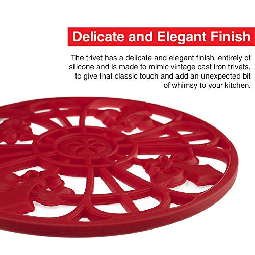 Silicone Trivets Set For Hot Dishes | Modern Kitchen Hot Pads For Pots & Pans | Fleur De Lis Design (Symbol of Royalty) Mimics A Cast Iron Trivet (7.5” Round, Set of 3, Coral Red) - Thumbnail 4