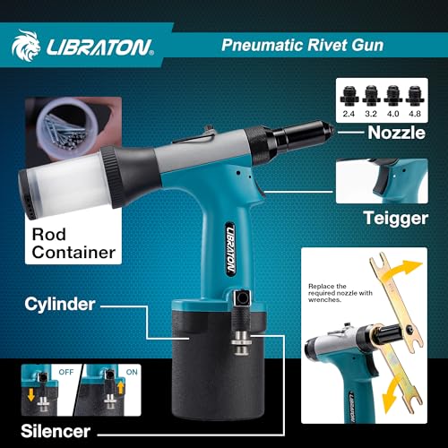 LIBRATON Pneumatic Riveter Kit, Heavy Duty Pneumatic Riveter Gu 2.4mm 3.2mm 4.0mm 4.8mm with 200c Rivet, Professional Auto Repair Tool, Suctio Design