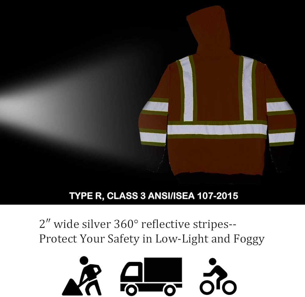 VENDACE Men's ANSI Class 3 High Vis Safety Reflective Sweatshirt Wool Fleece Zipper Jacket Hoodie with Black Bottom: Clothing