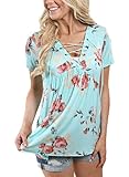 Sidefeel Women Floral Print Short Sleeve Lace-up Blouse Tops XX-Large Blue