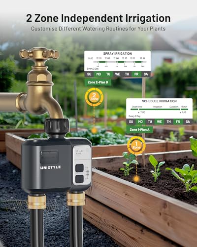 WiFi Water Timer 2 Zones, Unistyle Smart Hose Timer for Sprinkler Irrigation, Automatic Watering System Controller with 2 Modes, Compatible with Alexa and Google Home, Water Tap Valve for Garden Lawn