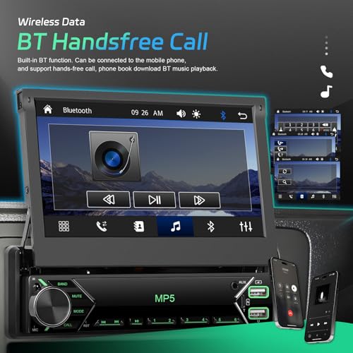 FM RDS 1 Din Car Radio Wireless Carplay Android Auto, Retractable Touch Screen 7 Inch Bluetooth Car Radio, EQ, Mirror Link, Reversing Camera, MIC, AUX, USB