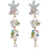StyleJella Gold Plated Rhinestone Starfish Ocean Sea Statement Dangle Earrings with Long Teardrop Shell Pearl Colorful CZ Charms Drop Dangling Stud for Women Lightweight Beachy Jewelry