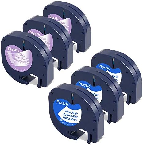 AOJE Compatible Label Tapes Replacement for Dymo LetraTag 16952 and 91331 Refills, 12mm x 4m Black on Clear and White Plastic Waterproof Tapes Work with Dymo LetraTag LT-0H LT-100T QX50, 6-Pack