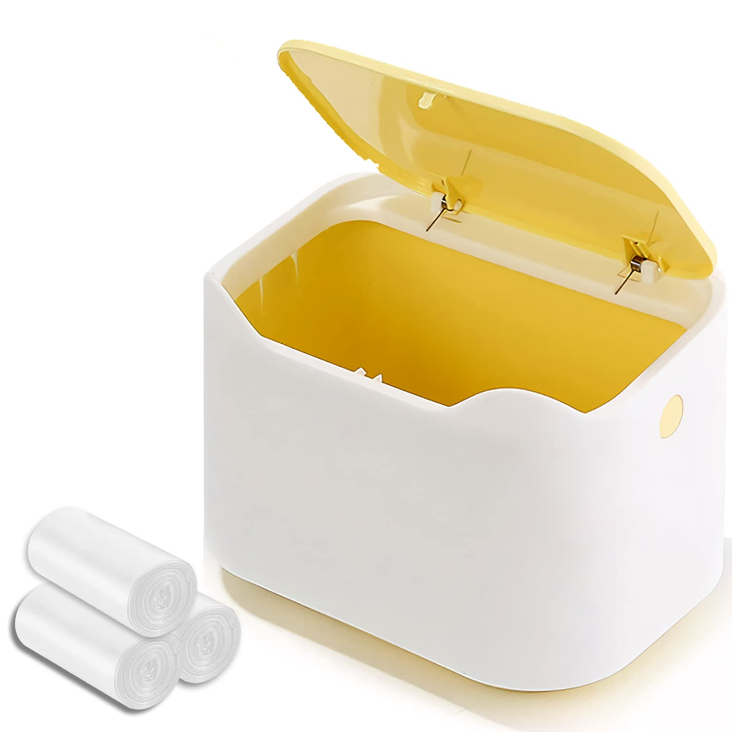 YAGGOOD Mini Bin with Lid - Tabletop, Office, Bathroom Countertop - Small Bin in Yellow and White