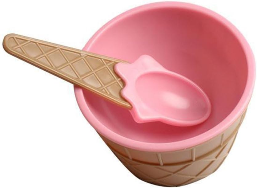 infashionport Kids Child Cute Cartoon Cone Plastic Dessert Tableware Ice Cream Bowl Spoon Set - Pink