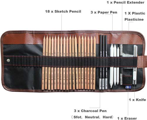 Soucolor 18PCS Sketching Pencil with 3 Charcoal Pencil 2 Eraser 3 Paper Pens 1 Pencil Sharpener 1 Pencil Extender and 1 Pencil Wrap Set Art Craft for Drawing Sketching,Artists Getting Started Young artist student or Any budding artists