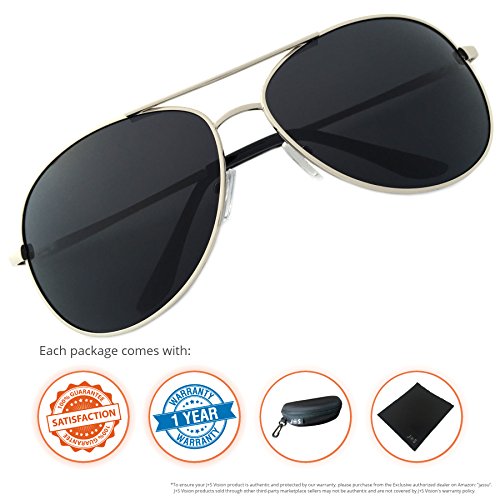 J+S Premium Military Style Classic Aviator Sunglasses, Polarized, 100% UV protection (Large Frame - Silver Frame/Black Lens)