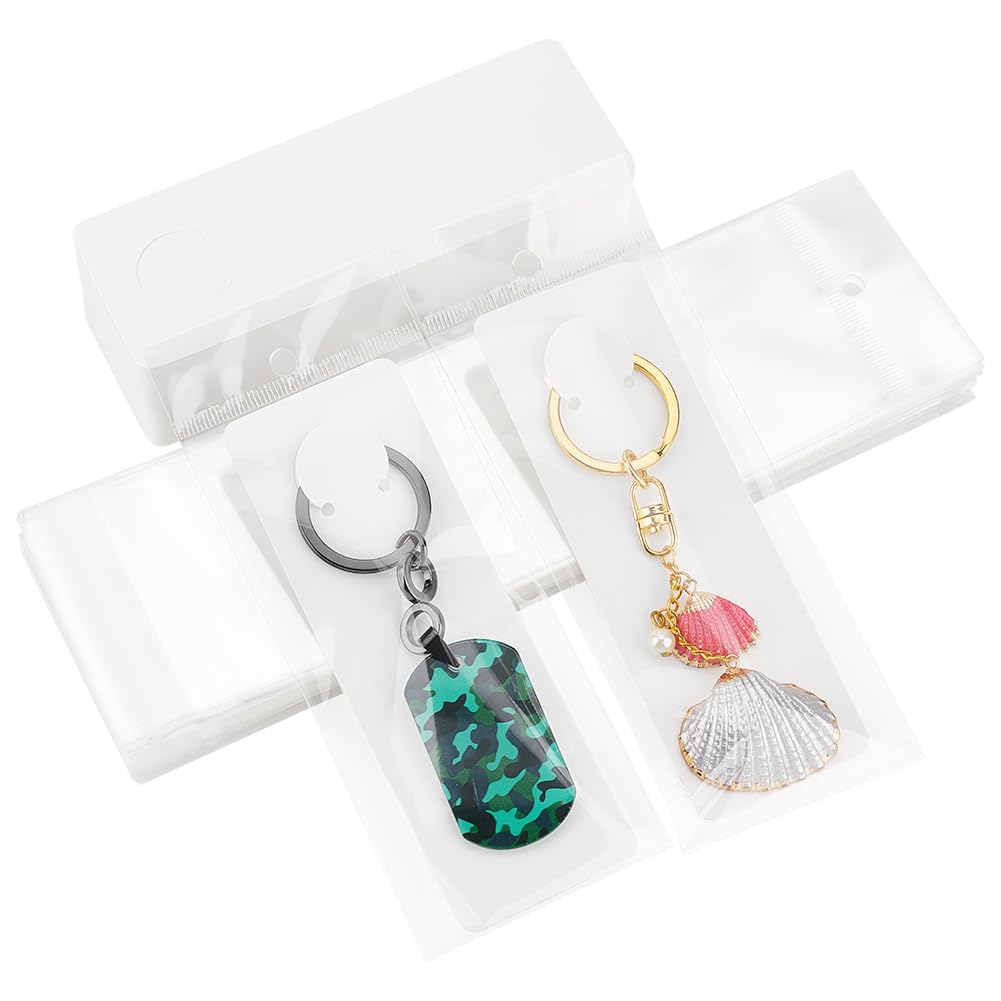 PH PandaHall 100 Set Long Keychain Display Card, 4.9×1.7" Blank Keyring Card Key Chain Holder with Self Sealing Bag Keychain Gift Packaging for Small Business Keychain Jewellery Gift Wrapping Display