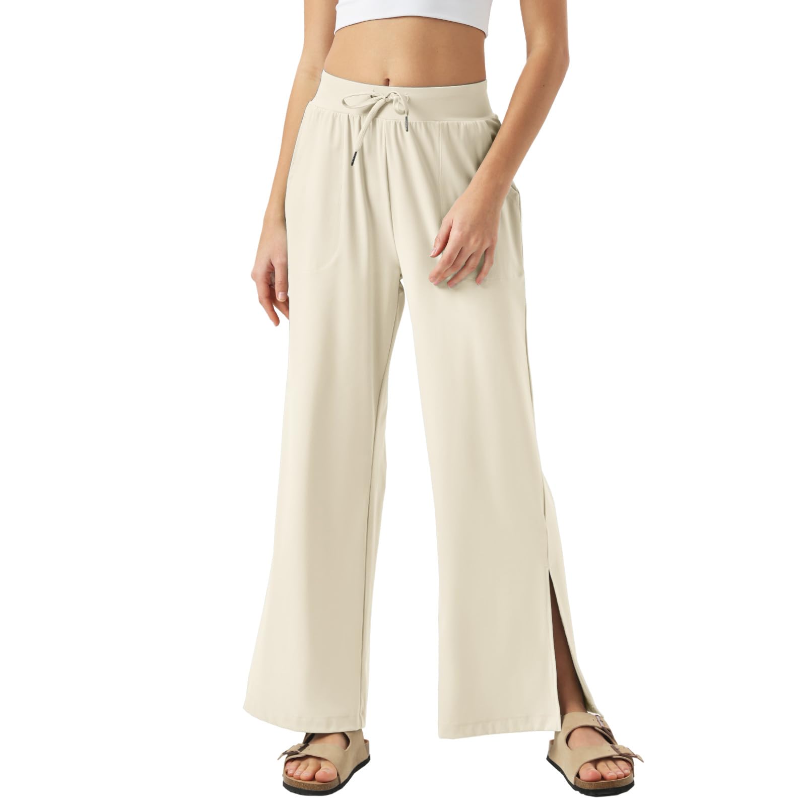 Photo 1 of 26"/28"/30" Inseam Womens Wide Leg Sweatpants Petite High Waist Summer Pants UPF50 Lightweight Beach with Pocket Split Leg Beige